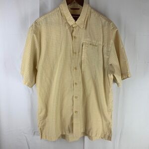 Simms Button Up Shirt Mens Medium Yellow Grid Short Sleeve Fishing Pocket